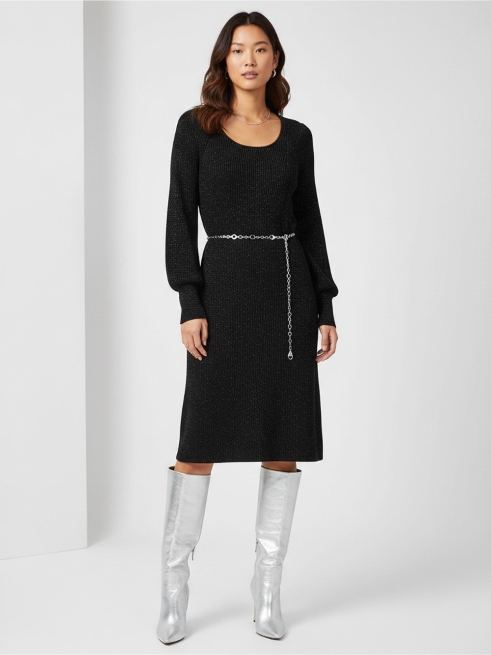 Nine West Black with Silver Threads Long-Sleeve Scoop Neck Knit Dress NWT